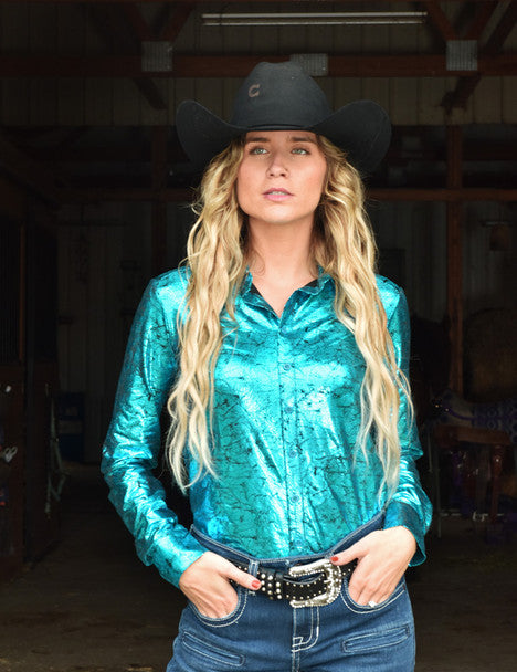 Cowgirl Tuff Metallic Turquoise Shirt