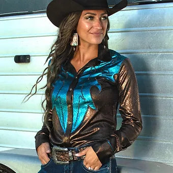 Cowgirl Tuff Copper & Turquoise Metallic Rodeo Shirt
