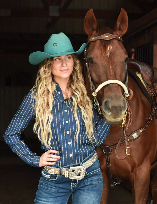 Cowgirl Tuff Pullover Denim Shirt with Striped Crystal Embellishing