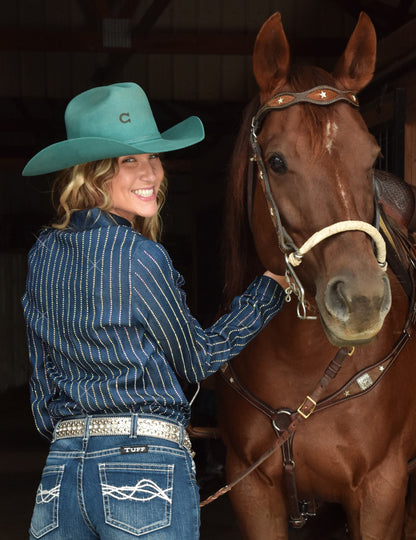 Cowgirl Tuff Pullover Denim Shirt with Striped Crystal Embellishing