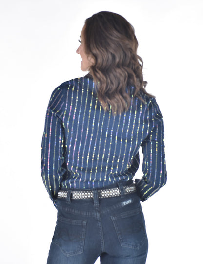 Cowgirl Tuff Pullover Denim Shirt with Striped Crystal Embellishing