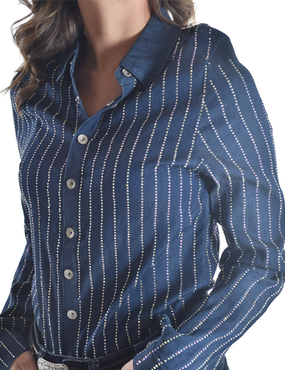 Cowgirl Tuff Pullover Denim Shirt with Striped Crystal Embellishing