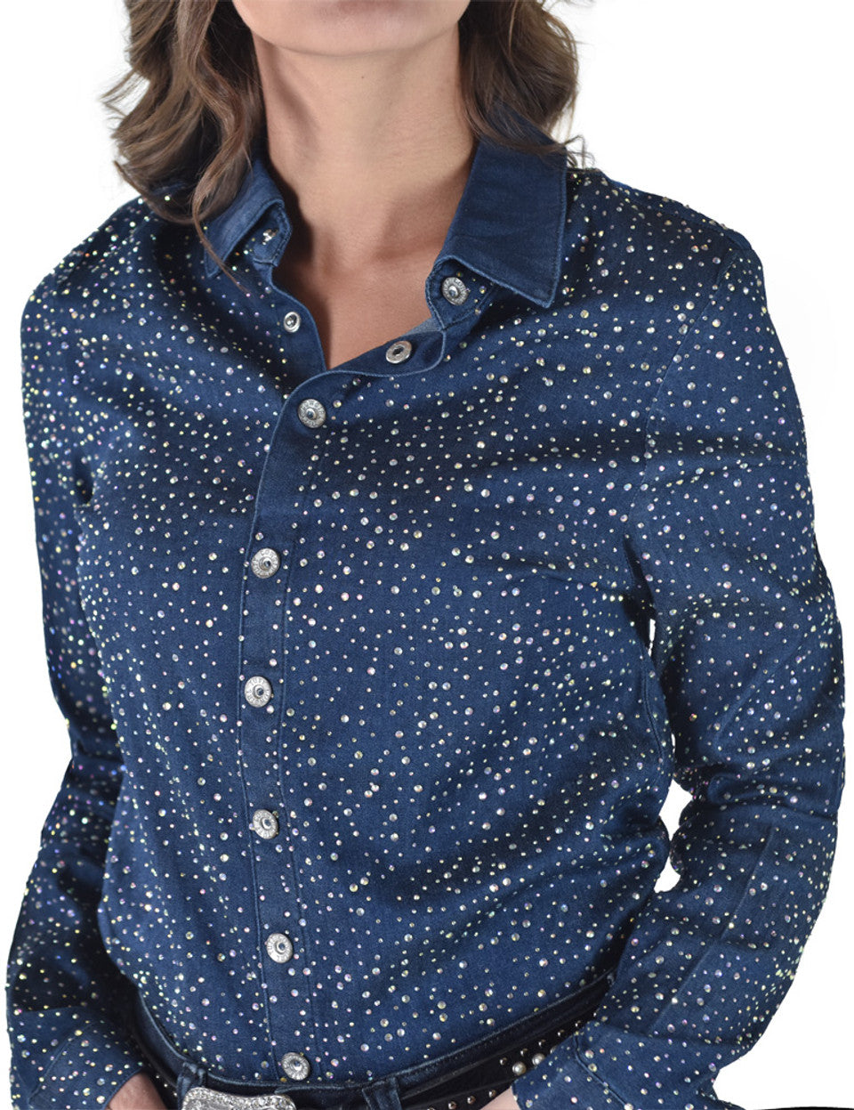 Cowgirl Tuff Pullover Denim Shirt with Crystal Embellishing