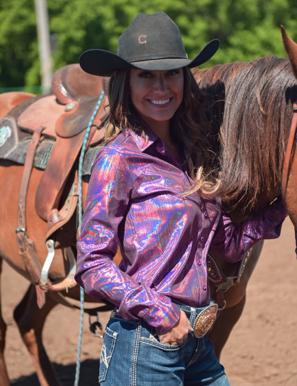 Cowgirl Tuff Fushia Metallic Pullover Shirt