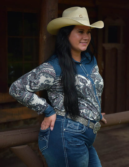 Cowgirl Tuff Denim Blue Paisley Pullover Shirt