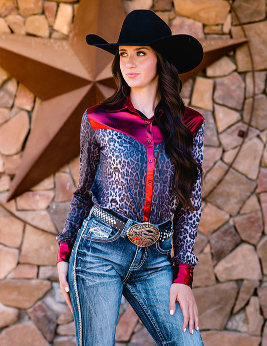 Cowgirl Tuff Red Shimmer & Leopard Pullover Shirt