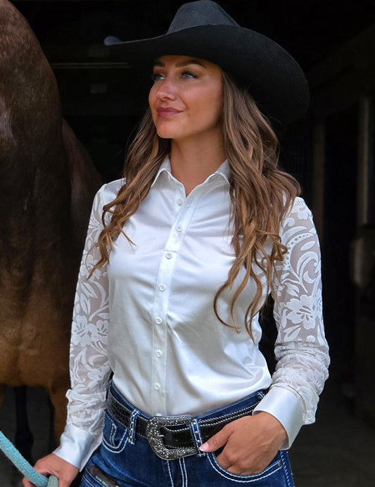Cowgirl Tuff Cream Lace Sleeves Pullover Shirt
