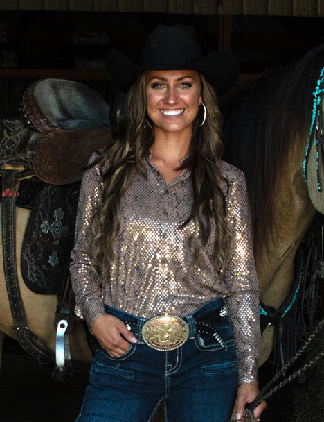 Cowgirl Tuff Tan Metallic Snakeskin Rodeo Shirt