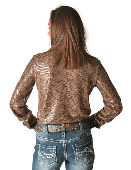 Cowgirl Tuff Tan Metallic Snakeskin Rodeo Shirt